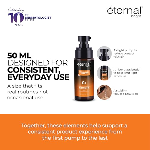 Image of Eternal Bright Vitamin C Serum | Stabilised 20% Vitamin C | Skin Brightening, Dark Spots & Anti-Aging | Air tight Pump | All Skin Types | 50ml