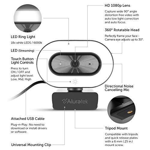 Aluratek 1080P Hd Webcam With Ring Light, Auto Focus And Directional Noise Cancelling Mic, Universally Compatible, Led Adjustable Ring Light #TOP4