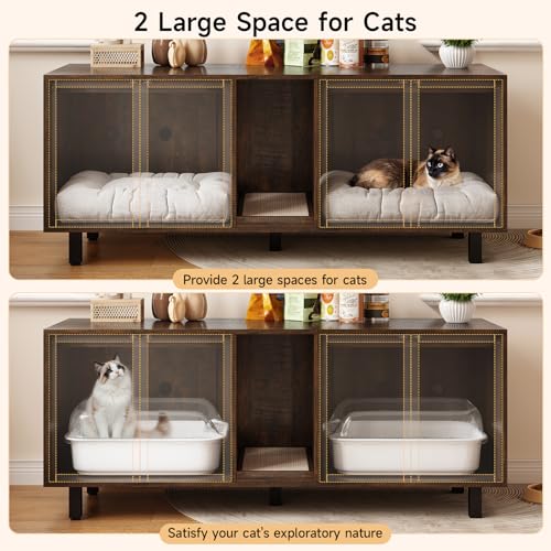 Image of ONBRILL 59 Inches Cat Litter Box Enclosure for 2 Cats, Hidden Litter Boxes Furniture with Cat Scratch Pad, Large Indoor Pet House with Double Room, Wooden TV Stand Side Table, Brown