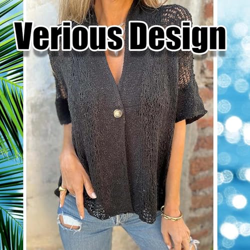Tenddaily Hollow V-Neck Short Sleeves,Hollow V-Neck Single Button Loose Short Sleeves4