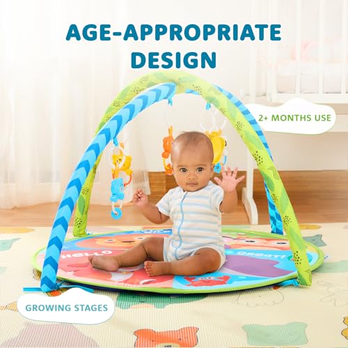 Image of Amazon Brand - Supples Baby Play Gym Mat | Activity Play Gym with Hanging Toys | 2-in-1 Baby Mat for 2+ Months | Animal Print | Multicolor | Soft Baby Bedding