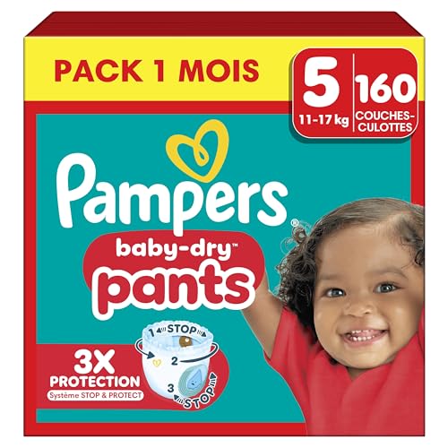 Pampers Baby-Dry Pants, Taille 5, 160 Couches-Culottes, 12-17kg, Maintien 360° Contre Les Fuites Avec Une Poche Stop & Protect Pour Une Nuit Jusqu'à 100% Sans Fuites, Pack 1 Mois