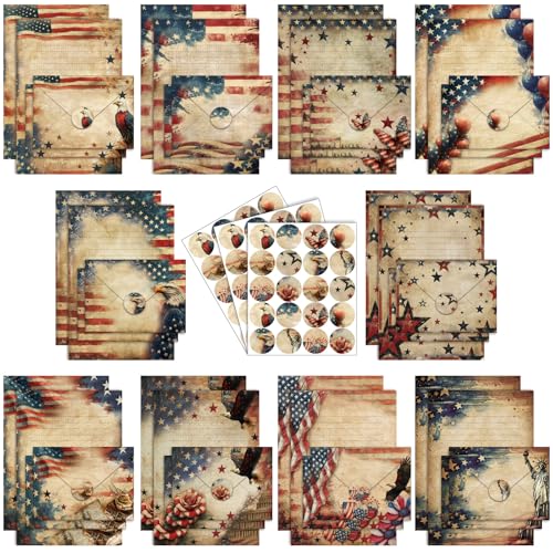 Image of TaoBary 160 Pcs Retro Patriotic Stationery Paper and Envelopes Set | 5.5 x 8.25'' Letter Writing Kit, 50 Double Sided Stationery Writing Papers 50 Matching Envelopes 60 Round Dot Sticker