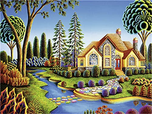 Point de croix pré-imprimé pour créer un tableau Villa au bord de la rivière