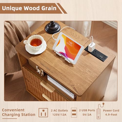 Image of LEYAOYAO Fluted Nightstand with Charging Station, 23 inch Modern Night Stand with Woodgrain Top, 2 Drawers End Table w /Storage, Bedside Tables for Bedroom, Living Room, Curved Profile Design,Brown