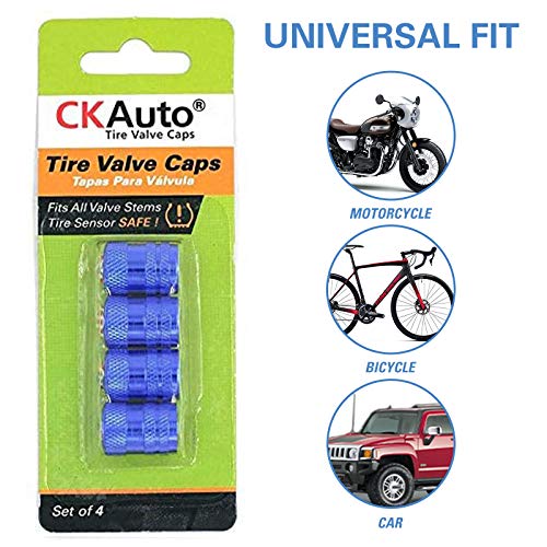 Image of CKAuto Tire Valve Stem Caps, Anodized Aluminum Tire Valve Cap Set | Corrosion Resistant, Universal Stem Covers for Cars Trucks Motorcycles SUVs and Bikes (Blue-US)