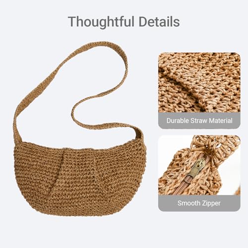 Herald Small Pleated Crescent Straw Woven Crossbody Bag for Women, Ruched Handmade Summer Beach Shoulder Purse Handbag 5