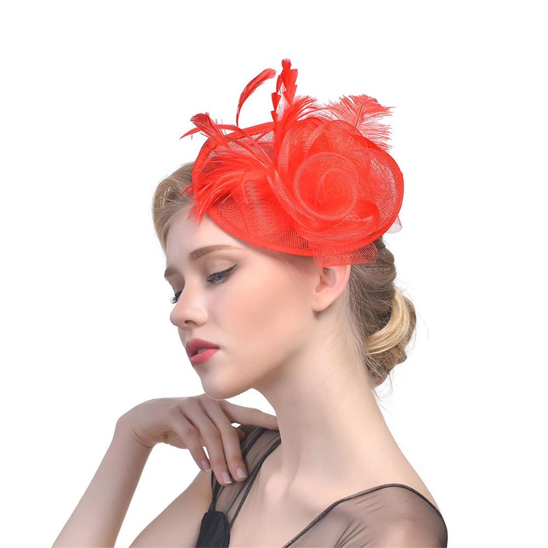 FBHappiness Fascinator Feathers Headpiece Cocktail Tea Party Headwear Flower Mesh Headwear Hair Clip For Wedding,Feather Flower Hair Clip(Red)