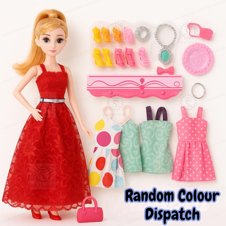 Image of SHAKTISM Fashion Doll Set for Girls with 3 Dresses, Shoes, Handbag & Accessories | Princess Dress-Up Doll Toy Kit | Role Play Fashion Beauty Doll for Kids Age 3+ Years (Random Colour Dispatch)