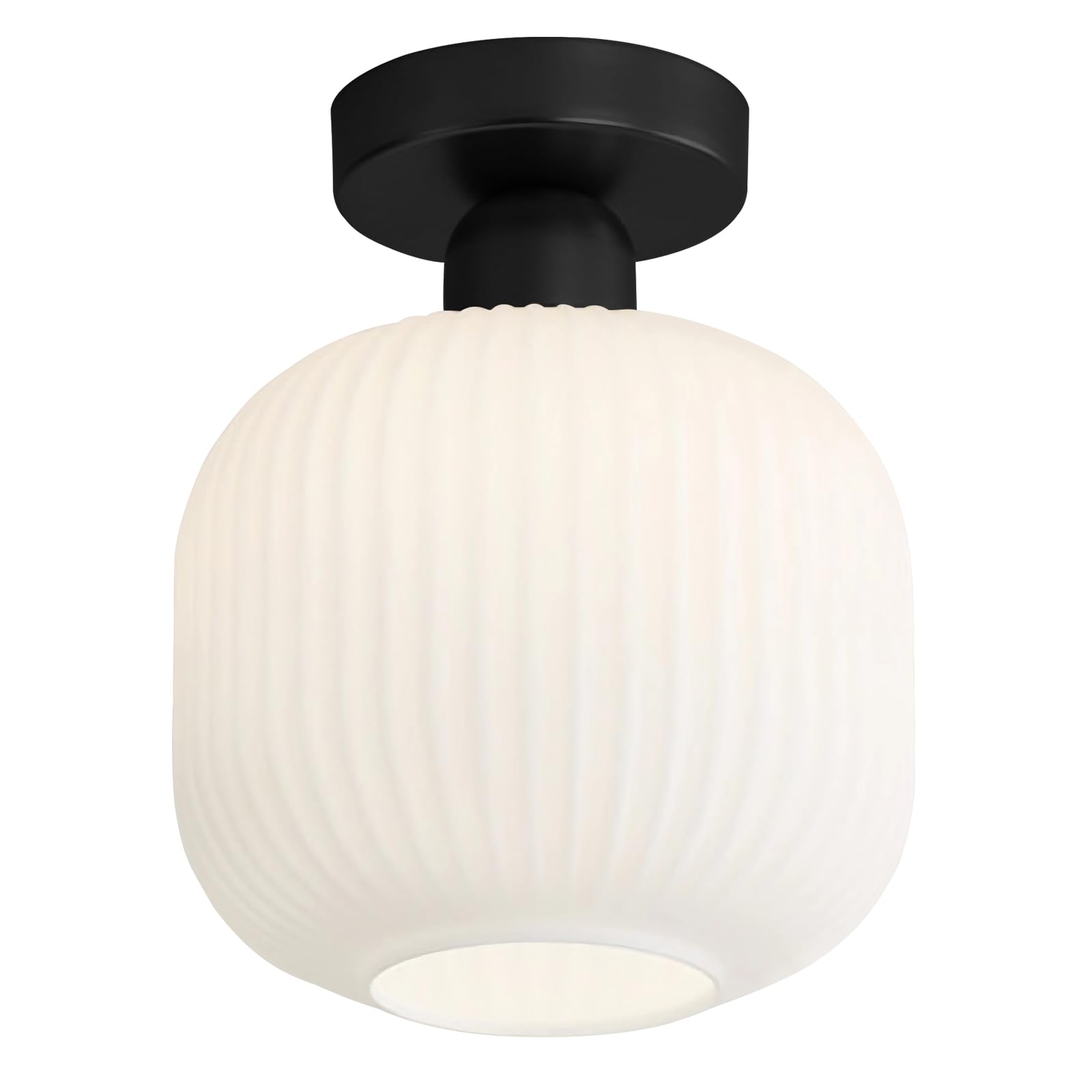 KCO Lighting Modern Farmhouse Black Semi Flush Mount Ceiling Light White Ribbed Glass Flush Mount Ceiling Light Small