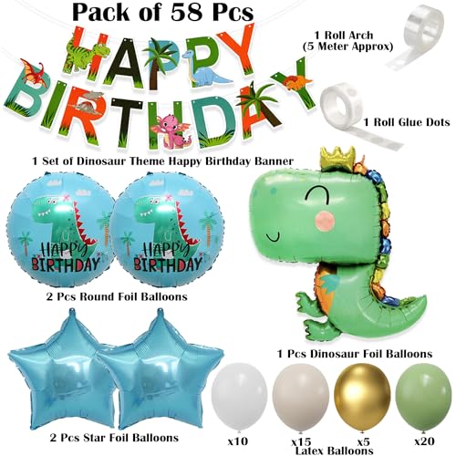 Image of Rozi Decoration Dinosaur Theme Birthday Decorations Items Set of 58 Pcs | Foil Balloons for Party | Birthday Decoration Kit for Boys Dinosaur Theme