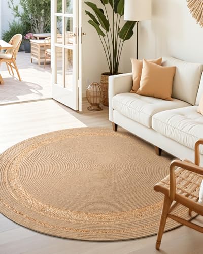 Image of Rounds Jute Carpet - Handwoven Natural Fiber Rug for Living Room, Bedroom, Entryway | Boho Chic Eco-Friendly Area Rug | Rustic Designer Floor Mat:-(Jute Tikki Big, 5x5 feet