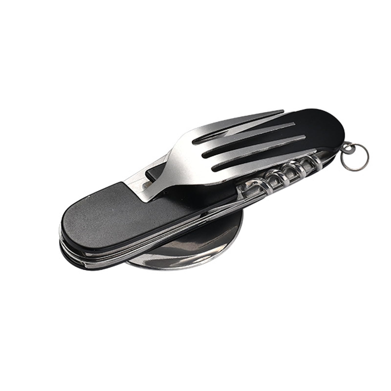 FUZVOL Folding Camping Cutlery Set Stainless Steel Portable Utensil 6 in 1 Multitool Outdoor Tableware for Travel, Hiking, Picnic,Black