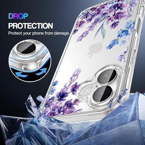 Image of Elzzi Floral Case for iPhone 17, Lavender Flower Clear Phone Case for Women Girls, Cute Aesthetic Purple Botanical Transparent Shockproof Protective Slim Cover (Deep with Leaf)