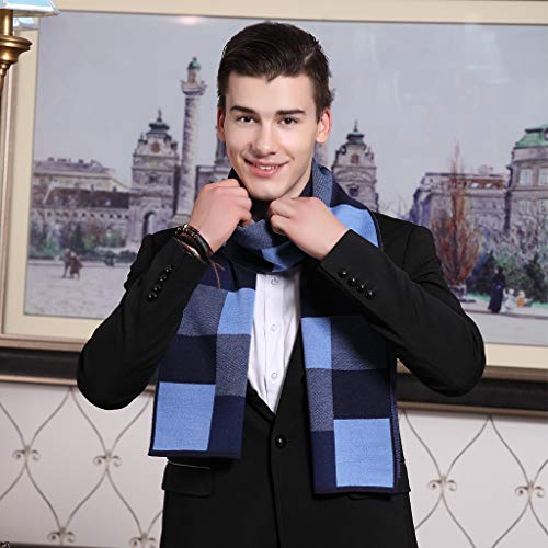Kodod Plaid Striped Wool Scarf For Men - Winter Soft Thick Cashmere Knit Scarves (A Wool Blend Scarf Navy&Blue Plaid) #TOP5