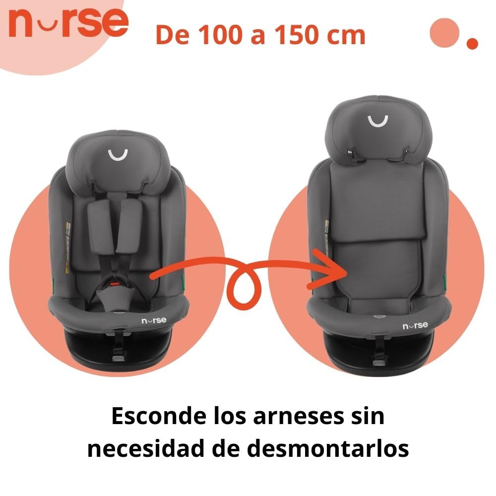 Nurse Spark, Silla Coche Bebé iSize, 40 a 150 cm, de 0 a 12 Años, Isofix, Top Tether, Giratoria 360, Posición de Carga, 13 Posiciones, Color Gris Storm, Spark i-Size
