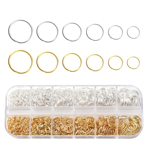 Beadtales 1300Pcs Open Jump Rings Split Rings for Jewelry Marking Supplies Earring Bracelet Necklace Repair Kit Steel Key Rings for Key Chain Findings Keychain Rings Connector for Craft(Silver Gold)