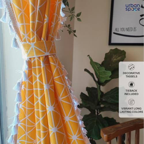 Image of Urban Space 100% Cotton Semi Sheer Curtain for Door, Bohemian Curtains 7 Ft Long with Eyelets and Tieback, 2 Curtains with 2 Cushion Covers (Door- 7 X 4Ft, Cushion Cover- 16X16 Inch, Yellow Star)