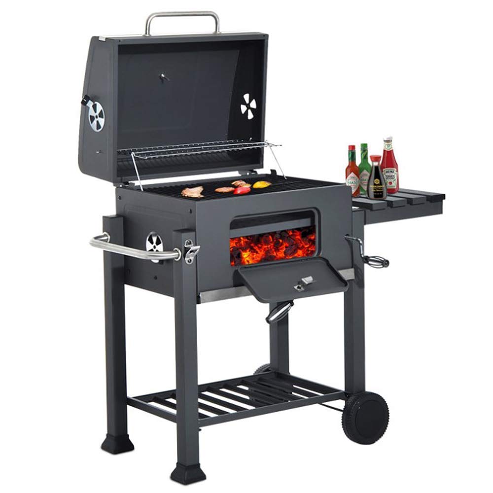 Grill na węgiel drzewny XXL, z pokrywką, kółkami, uchwyt ze stali nierdzewnej, ruszt do grillowania i termometr, grill na węgiel drzewny, na kemping, taras, do ogrodu (107 x 115 x 68 cm)