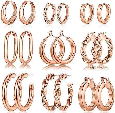 Yesteel 9 Pairs Gold Hoop Earrings for Women, 925 Sterling Silver Post 14K Real Gold Plated Chunky Hoop Earrings Set for Women Hypoallergenic Thick Lightweight Earring for Womens Jewelry Gifts