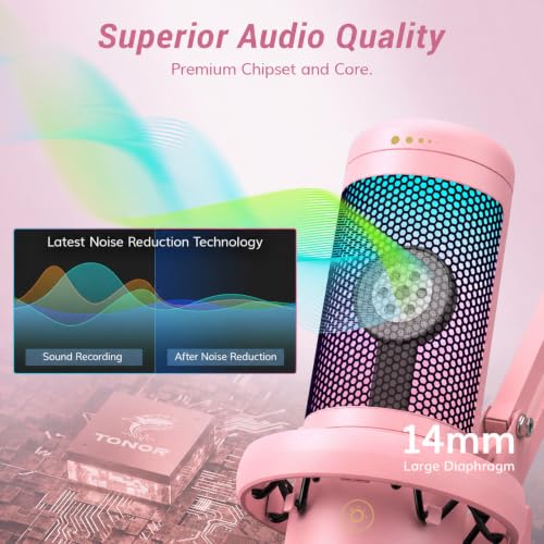 Image of TONOR Gaming Microphone Set, Vocal Condenser Mic fop PC Gamers with RGB | Boom Arm Set, USB Mic with Controllable Light, One Tap Mute, Volume Control, for Discord, Twitch Streaming, Pink, TC310+