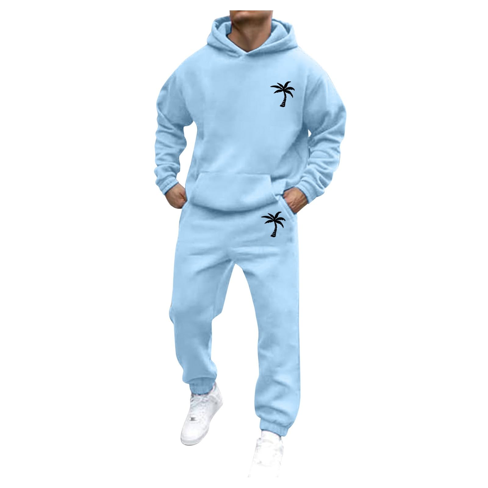 Generisch 2026 mannelijk casual effen tweedelig sportpak met zak raglanmouwen hoodies trekkoord fleece broek set, Lichtlila, S