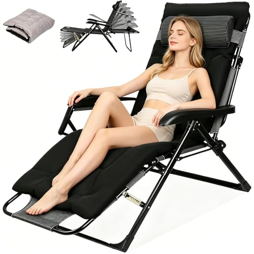 Klappbare Sonnenliege mit Polster Ergonomischer Liegestuhl für Garten und Terrasse 7-Fach Verstellbare Rückenlehne Outdoor Relaxliege bis 150 kg Gartenstuhl für Balkon und Terrasse (Schwarz)
