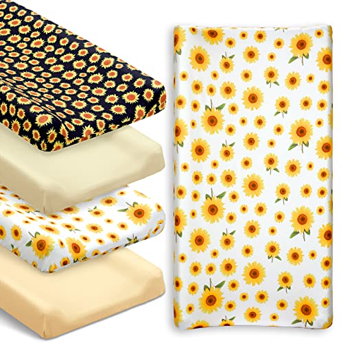 Image of 4 Pieces Muslin Sunflower Changing Pad Cover Diaper Fall Floral Change Table Sheets Thanksgiving Day Nursery Changing Pad Sheets Diaper Pad Cover for Baby Boys Girls, 31.5 x 15.75 Inches