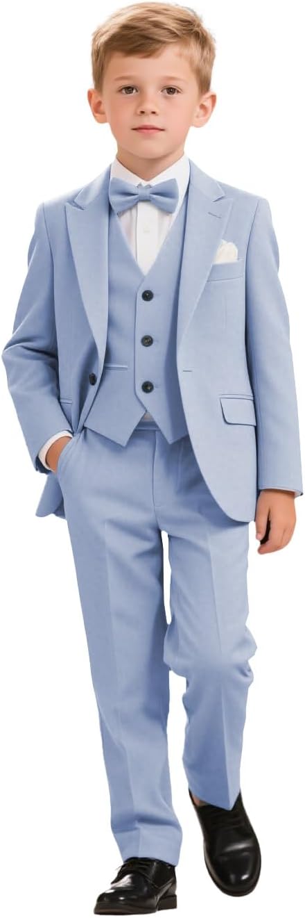 Boys Solid Slim Fit Tuxedo 3 Piece Set Blazer Jacket Dressing Pants Vest for Kids Wedding Prom Ring Bearer Outfit