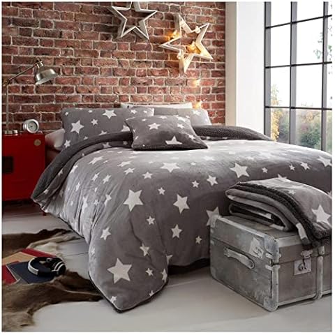 VELVETIO Easy Care Teddy Fleece Star Duvet Cover Set with PIllow cases, Super Soft & Fluffy Thermal Warm Bedding Quilt Covers, Cuddly 100% Polyester Comforter Bedset, King Size, Grey Cover
