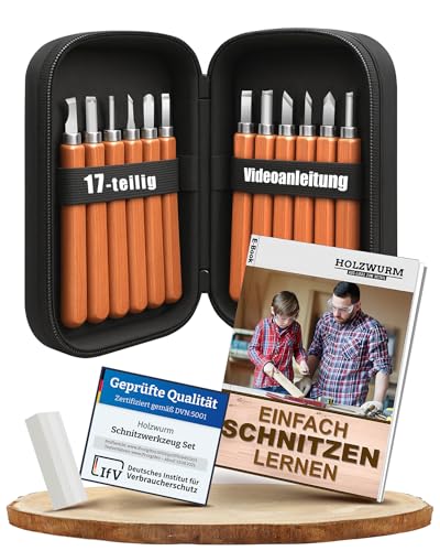 HOLZWURM Holz-Schnitzwerkzeug Set - 17 teilig, inkl. Anleitung für ein Schnitzprojekt & E-Book für...