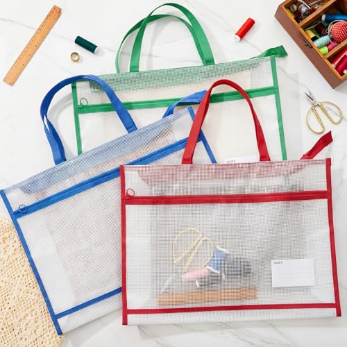 Image of Bulyoou 3 Pcs 17.7x13 Inch Project Bag for Quilting Sewing Craft Storage for Quilter A3 Clear Mesh Art Bag Artwork Storage Organize for Artwork Charts Teaching Material Multipurpose (Dark Colors)