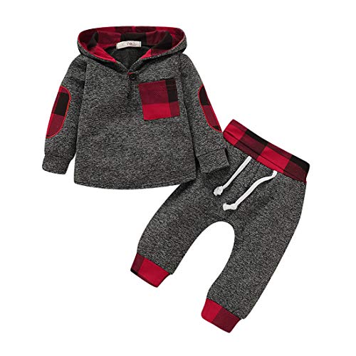 TMEOG Ensembles de Vêtements pour Bébés Infant Toddler Boys Girls Sweatshirt Set Winter Fall Clothes Outfit 0-3 Ans, Baby Plaid Hooded Long Sleeve Tops + Pants (Rouge, 0-6 Mois) Cover