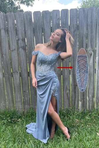 Off Shoulder Satin Prom Dresses Long with Slit 2024 Lace Applique Mermaid Formal Evening Party Gowns LS062