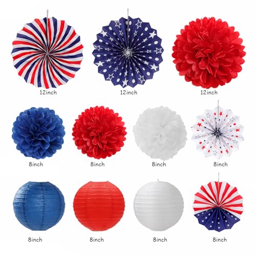 Image of Red-White Blue Memorial-Day Patriotic Decorations - 21pcs 4th Fourth of July Paper Lanterns Fans,Tissue Pom Poms Streamers,Honeycomb Balls,USA Americana Independence Banner Decor Burgleda