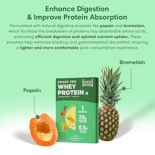 Image of Foodstrong Whey Protein Powder (Concentrate + Isolate), 100% Hormone Free Grass-Fed Whey, 26G Protein & 6.6G BCAA, Mango, With Turmeric & Digestive Enzymes, 35G