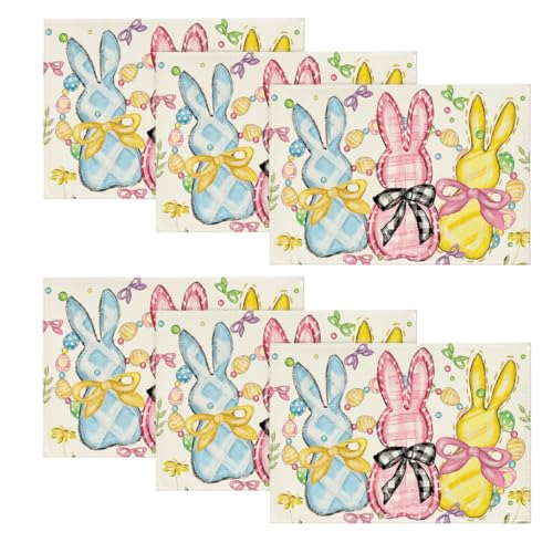 Artoid Mode Bunny Rabbits Eggs Easter Placemats Set of 6, 12x18 Inch Floral Bow Seasonal Spring Holiday Table Mats for Party Kitchen Dining Decoration