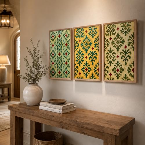 Image of Livin'luxe Set of 3 Green Floral Pattern Wall Paintings for Living Room Bedroom Hallway Home Decor with Premium Wooden Color Synthetic Frame (25.5 x 19.5 Inch) NM03-77