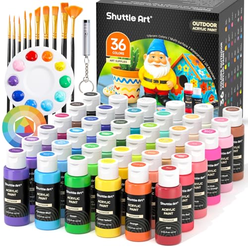 Shuttle Art Outdoor Acrylic Paint Set, 36 Colors 2oz/60ml Waterproof Acrylic Paint with 10 Brushes 1 Palette, Rich Pigmented Paints for Artists, Beginners on Rocks, Wood Crafts, Garden Statues