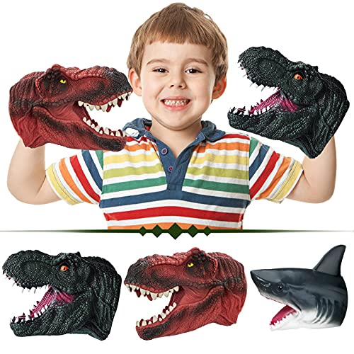 COGO MAN Dinosaur Toys, Shark Puppet Dinosaur Puppets, Soft Rubber Puppets Toys for Kids and Adults, Realistic White Shark Head, T Rex Red, Tyrannosaurus Green Hand Puppets, 3 Pack