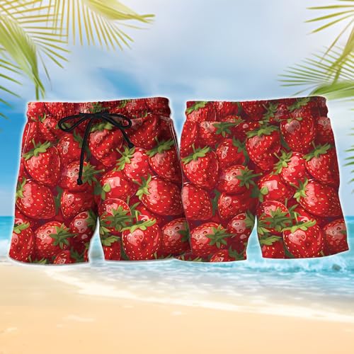 V-DECORPARKS Strawberry Short Sleeve Button Down Men - Tropical Fruit Hawaiian Mens Swim Short Beach Shorts TU-SH-702