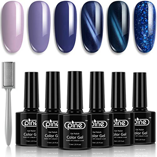 Pine Gel Nail Polish Set 6 Colors Purple Blue Cat Eye Glitter Gel Polish 7.5 ml Soak Off UV LED Cure Home Salon Manicure