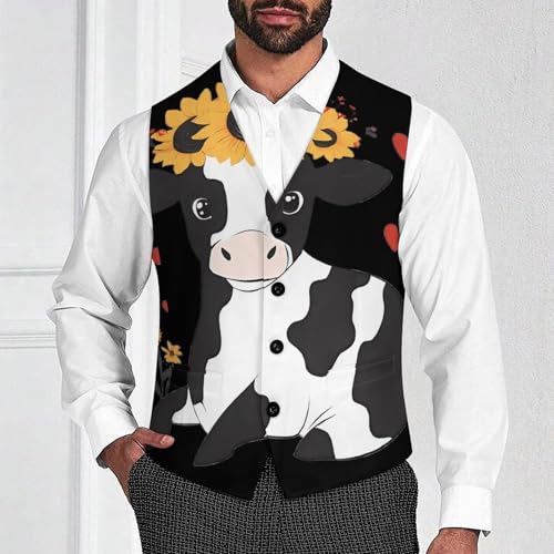 Cow with Sunflower Suit Vest for Men Waistcoat Dressy V Neck Button Down Sleeveless Business Jacket Coat4
