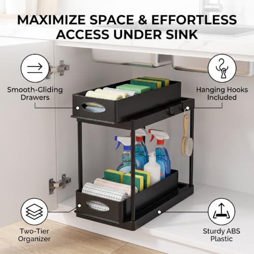 Asixxsix organizador de almacenamiento debajo del fregadero, 2 niveles, color negro, con cajones extraíbles y construcción en plástico ABS para cocina y baño miniatura 6