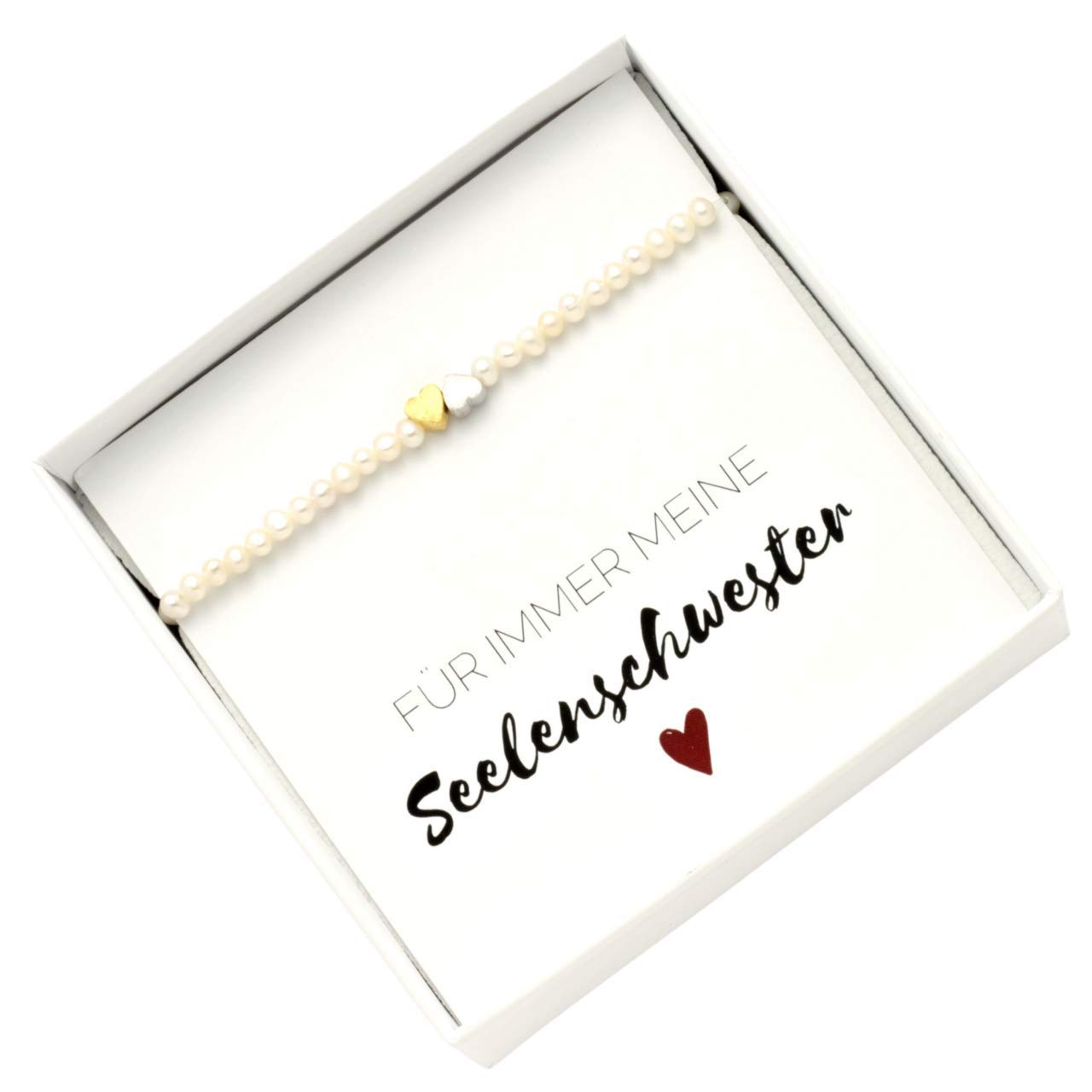 Armband Freundin, Seelenschwester aus echten Zuchtperlen mit zwei Herzen, 925er Silber und vergoldet