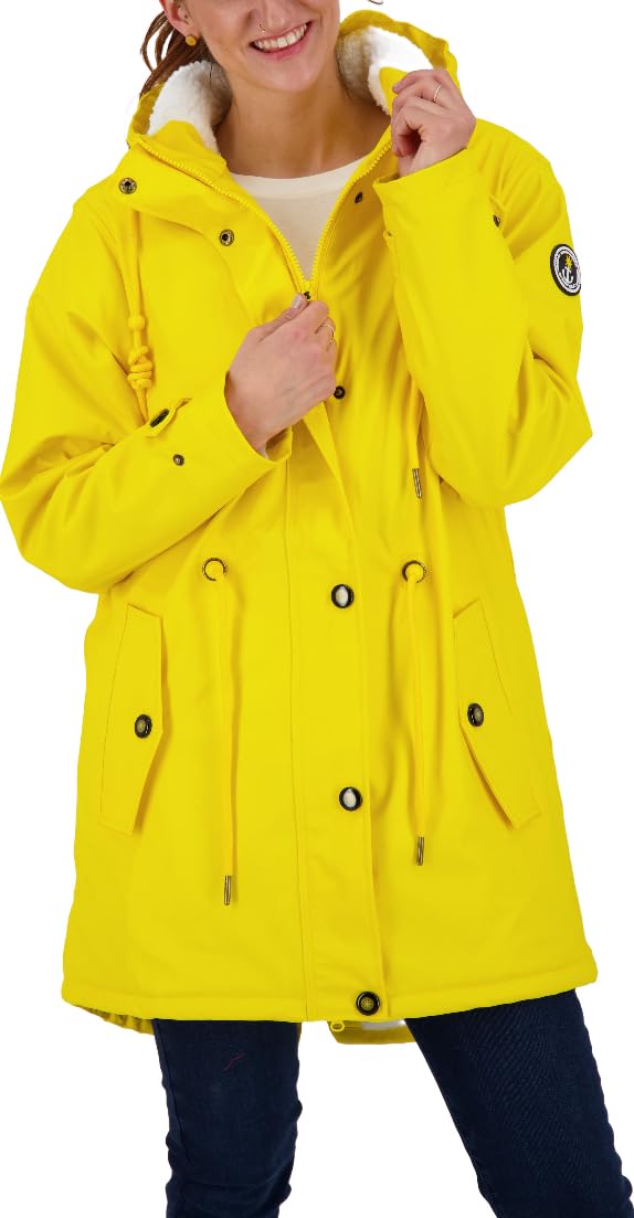 Damen Friesennerz Regenmantel Regenjacke mit Kapuze Gefüttert Wasserdicht Wetterfest Windbreaker Übergangsjacke mit Teddyfleece