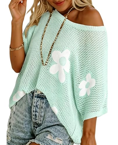 Image of SELINK Flower Crochet Tops for Women Short Sleeve Hollow Out Sweaters Swimsuit Cover Ups Lightweight Knit Pullover
