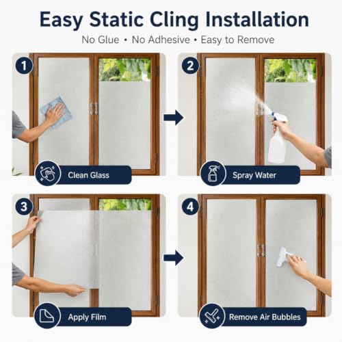 Image of Self Adhesive Window Privacy Film for Glass Windows & Doors | UV Blocking, Heat & Glare Reduction | Decorative Frosted Glass Film Easy to Apply (Frosted White Finish, 12X62 Inch)