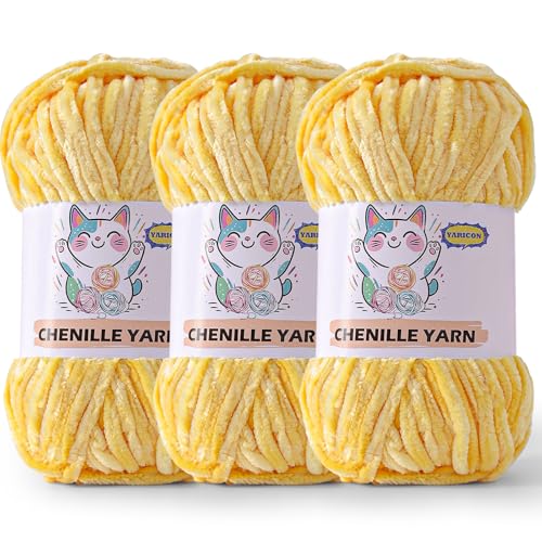 3 Pack Velvet Chenille Yarn for Crocheting and Knitting Beginners,Yellow