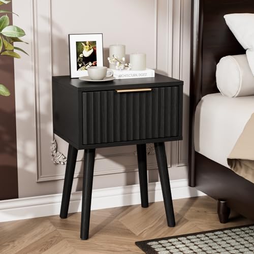 Image of VINGLI Night Stand Set 2, Fluted Nightstands with Drawer, Mid Century Modern Nightstands Set of 2, Bedside Table, End Table, Wood Nightstand for Bedroom, Black, 15.75 inch W*11.81 inch D*21.85 inch H